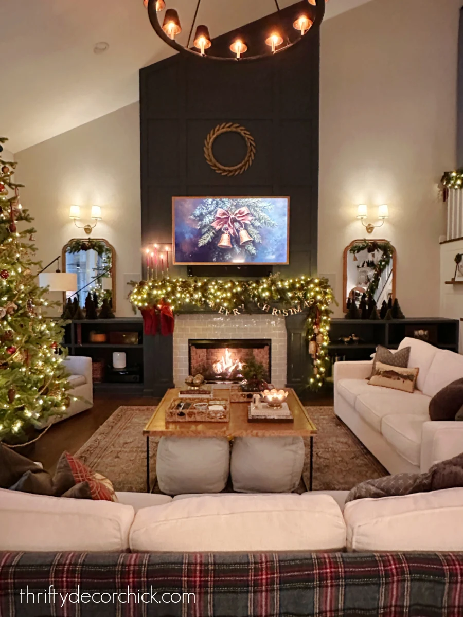 tall fireplace Christmas mantel decor